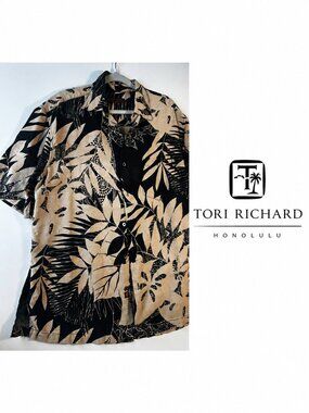 Tori Richard Honolulu Men’s Hawaiian Shirt Black Tan Tropical Print Size M